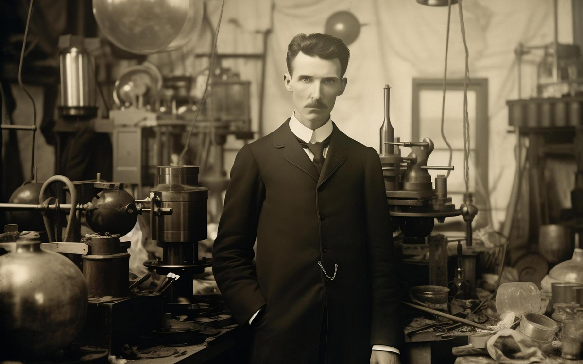 Nikola Tesla trzyma model swojego wynalazku w który zmienił świat